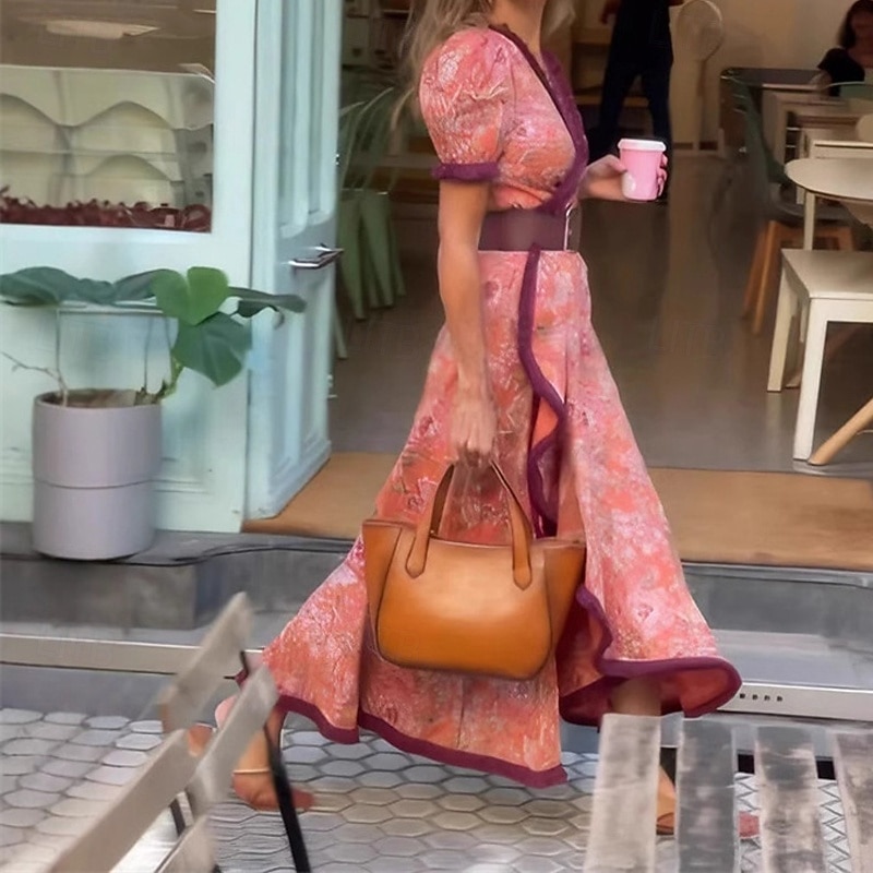 Women's Long Dress Maxi Dress Casual Dress Swing Dress Boho Dress Fashion Outdoor Party Holiday Regular Fit Flower Short Sleeve V Neck Pink Summer2