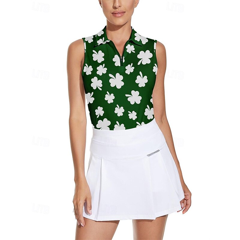 Women's Clover Tennis Shirt Sleeveless Print UPF50+ Quick Dry Tennis Golf Badminton Zip Collar Tee Tshirt Top Dark Green Tennis Clothing