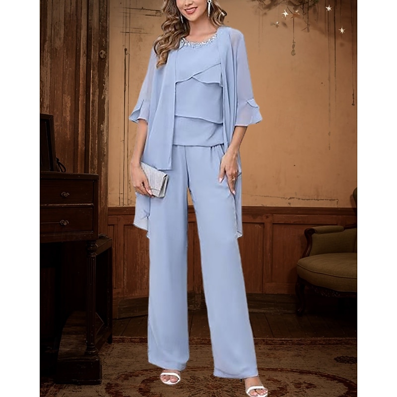 Pantsuit 3 Piece Mother of the Bride Dress Elegant Simple Minimalist Crew Neck Floor Length Ankle Length Chiffon Half Sleeve with Crystals Cascading Ruffles2