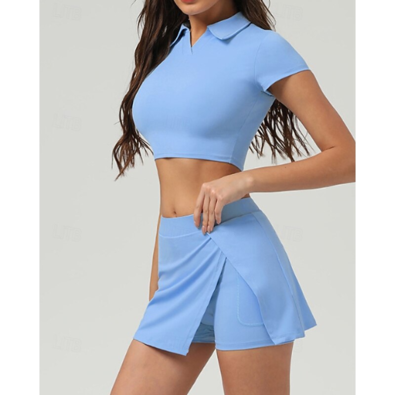 Women's Solid Colored Tennis Top Short Sleeve Crop Top Quick Dry Breathable Tennis Golf Jogging Polo Collar Top Navy Blue Khaki Tennis Clothing4