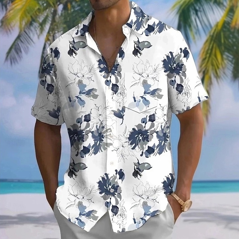 Men's Floral Print Tropical Flowers Summer Hawaiian Shirt Button Up Shirt Aloha Shirt Short Sleeve Hawaiian Holiday Beach Wear Summer Spring Turndown 3D Print Collared Shirts Front One Pocket White