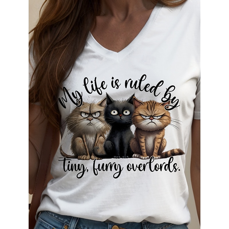 Women's T Shirt Graphic Cat Letter Vintage Stylish Classic Short Sleeve V Neck Regular Tops Daily Print Black White Pink Red Blue Summer Spring3