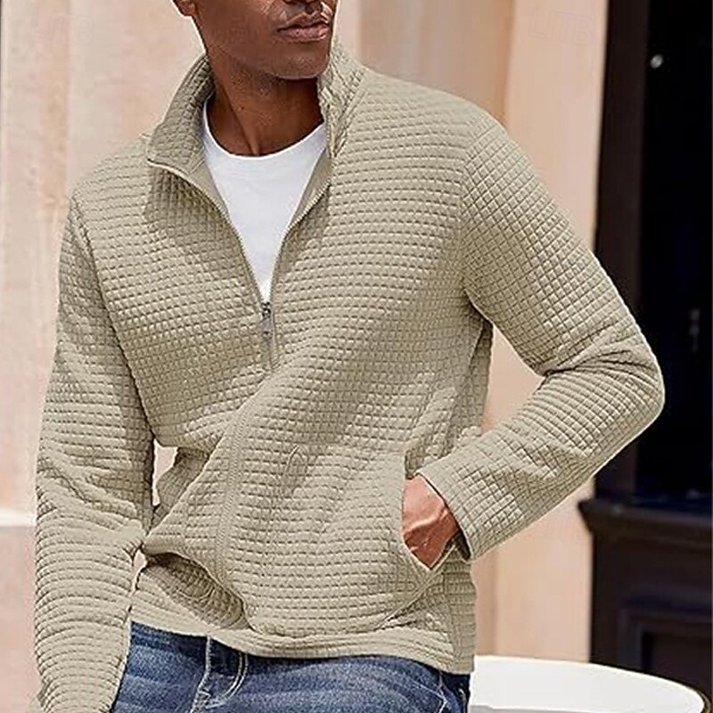 Men's Lightweight Jacket Waffle Jacket Casual Jacket Vacation Daily Warm Pocket Fall & Winter Plain Fashion Classic Stand Collar Regular Black White Wine Khaki Army Green Jacket3