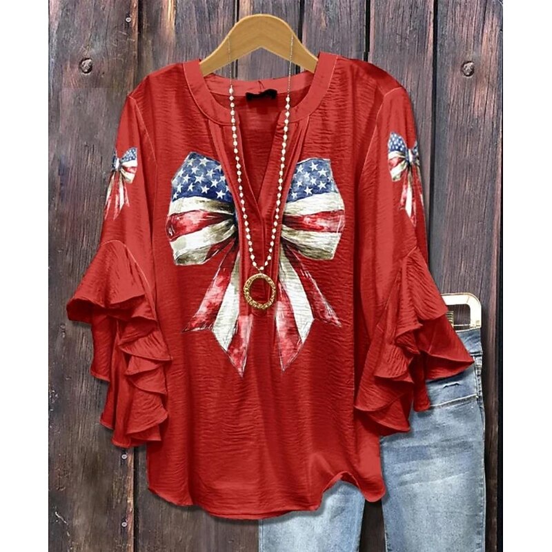 Women's Patriotic  Blouse Graphic Flag Vintage Daily Stylish 3/4 Length Sleeve Flutter Sleeve V Neck Regular Tops Daily Holiday Wear Ruffle Print Red Dark Gray