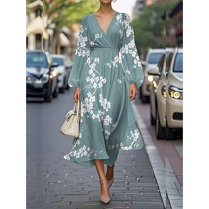 Women's Maxi Dress A Line Dress Casual Outdoor Going out Regular Fit Floral Graphic Long Sleeve V Neck Blue Dark Green Fuchsia Green Summer2
