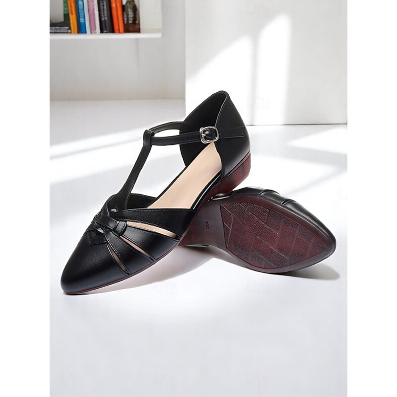 Women's Black T-Strap Faux Leather Flats – Vintage-Inspired Commuter Shoes with Cutout Details for Work and Daytime Outings4