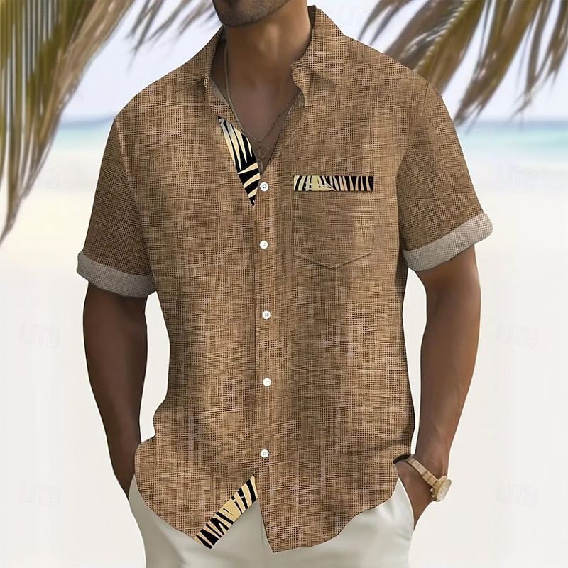 Men's Plants Palm Leaf Shirt Summer Shirt Button Up Shirt Short Sleeve Fashion Casual Vacation Holiday Streetwear Summer Turndown 3D Print Front One Pocket Linen Like Shirt Brown