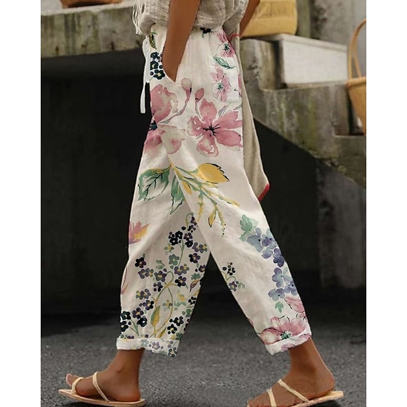 Women's Cotton Linen Pants Cropped Pants Streetwear Boho Ankle-Length Mid Waist Floral Elastic Waist Comfortable Daily Wear Going out Pink Blue Purple Green Summer Spring Regular Fit