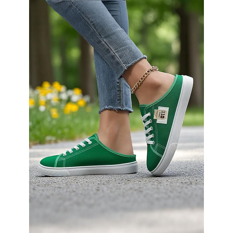 Women's Green Canvas Slip-On Sneakers with Lace-Up Design – Comfortable Backless Trainers, Ideal for Walking, Shopping, School Runs & Casual Summer Days2
