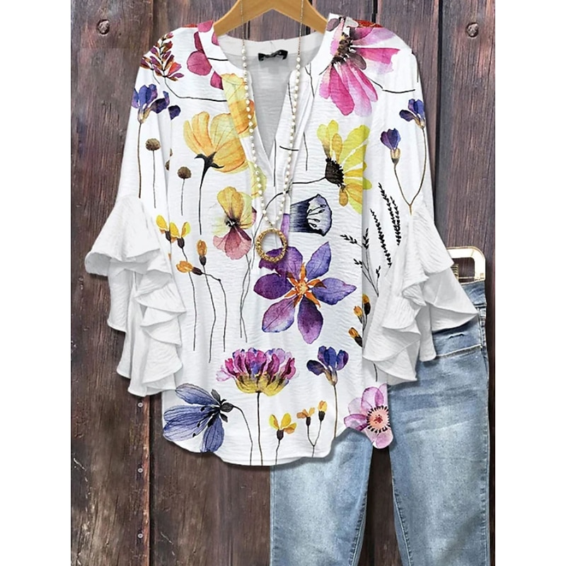 Women's Blouse V Neck Layered Ruffle Sleeve Tops Floral Graphic Vintage Daily Ethnic 3/4 Length Sleeve Regular Tops Daily Holiday Vacation Wear Print Pink Blue Purple Summer Spring3