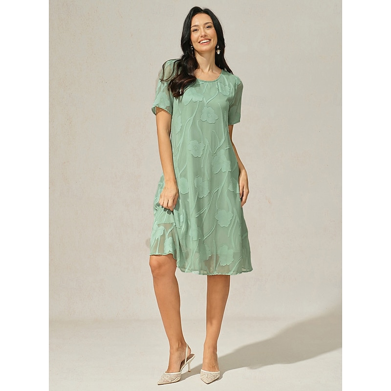 Women's Knee Length Dress Chiffon Dress Elegant Casual Loose Fit Floral Short Sleeve Crew Neck Sage Green Summer