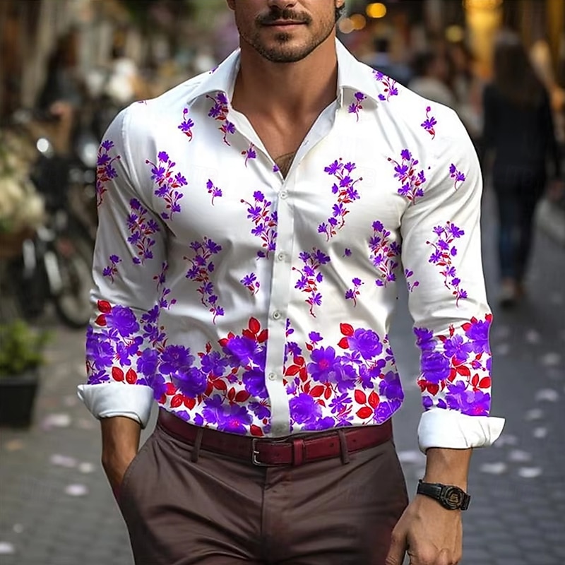 Men's Floral Print Flowers Shirt Button Down Shirt Hawaiian Shirts Long Sleeve Hawaiian Outdoor Vacation Holiday Summer Spring Turndown 3D Print Collared Shirts Red Blue Purple2