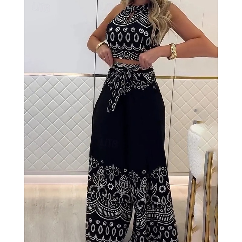 Women's Active Boho Blouse Pants Sets Sleeveless Halter Neck Floral Print Vacation Weekend Black Pink Red Summer Regular Fit2