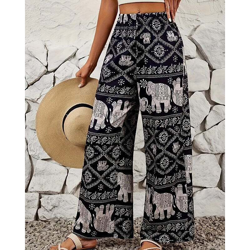 Women's Culottes Wide Leg Slacks Streetwear Boho Full Length Natural Flower Elastic Waist Printing Comfy Outdoor Outdoor Vacation Daily Black Summer Regular Fit2
