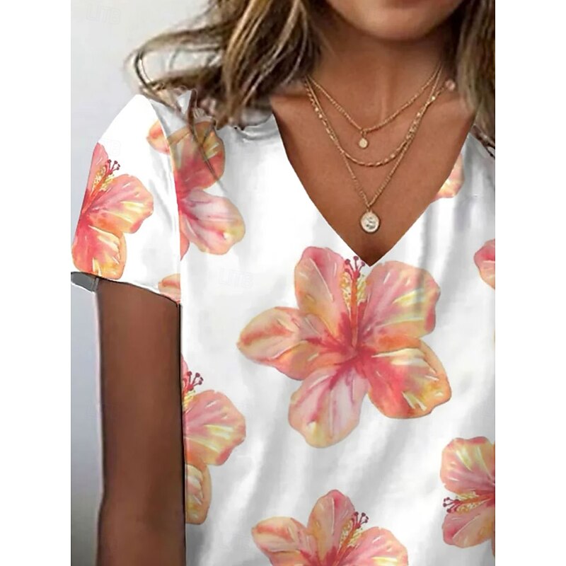 Women's T Shirt Floral Graphic Vintage Stylish Classic Short Sleeve V Neck Regular Tops Daily Print Orange Summer Spring2