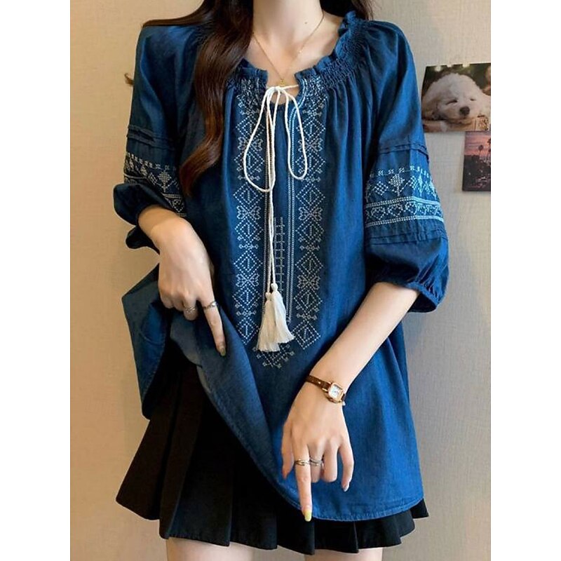 Women's Blouse Solid Color Vintage Ethnic Casual 3/4 Length Sleeve Crew Neck Regular Tops Daily Ruched Embroidered Print Navy Blue Summer2