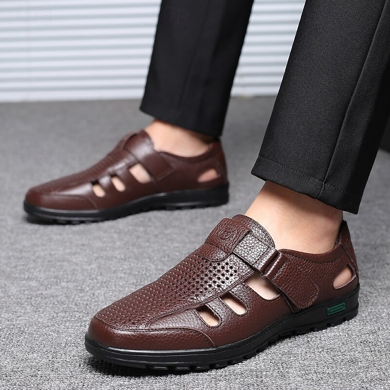 Men's Sandals Walking Casual PU Leather Breathable Comfortable Slip Resistant Buckle Black Brown Summer Spring Fall4