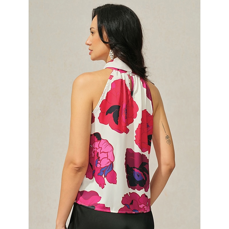 Women's Floral Print Halter Top Shirt Tank Top Casual Stain Tie Neck Sleeveless Vest2