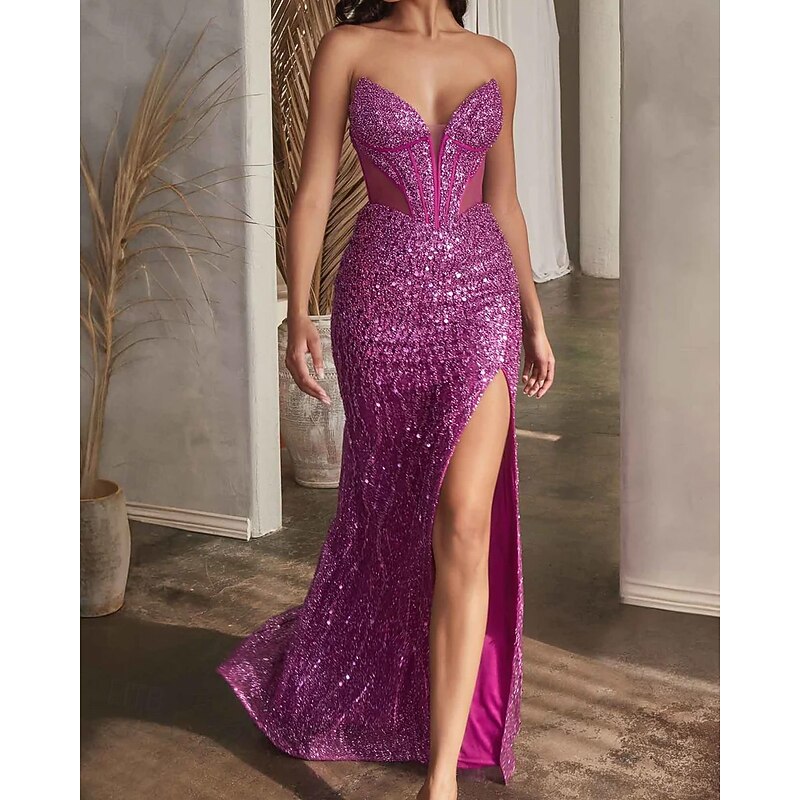 Drop Waist Dress Mermaid / Trumpet Prom Dresses Elegant Dress Formal Semi Formal Wedding Sweep / Brush Train Sleeveless Plunge Neckline with Glitter Sequin Slit - Main Image