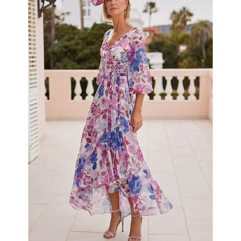 Floral Dress Mother of the Bride Dress Elegant Vintage V Neck Asymmetrical Chiffon 3/4 Length Sleeve with Lace Appliques Flower Race Day Dress Wedding Guest Dress4