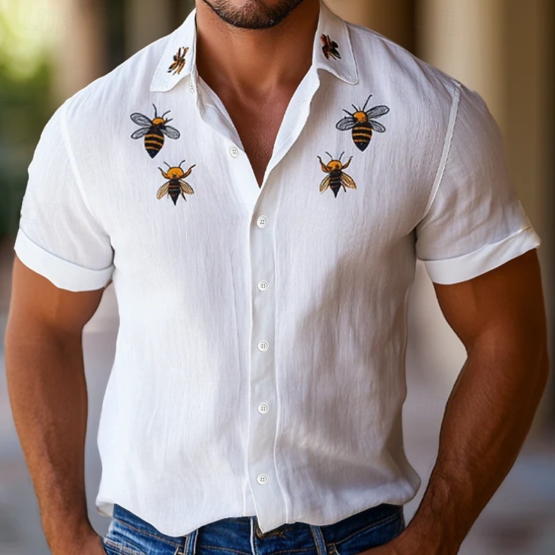 Men's Linen Shirt Summer Shirt Beach Wear Button Up Shirt Bee Vacation Holiday White Pink Blue Short Sleeve Turndown Summer Spring Clothing Apparel