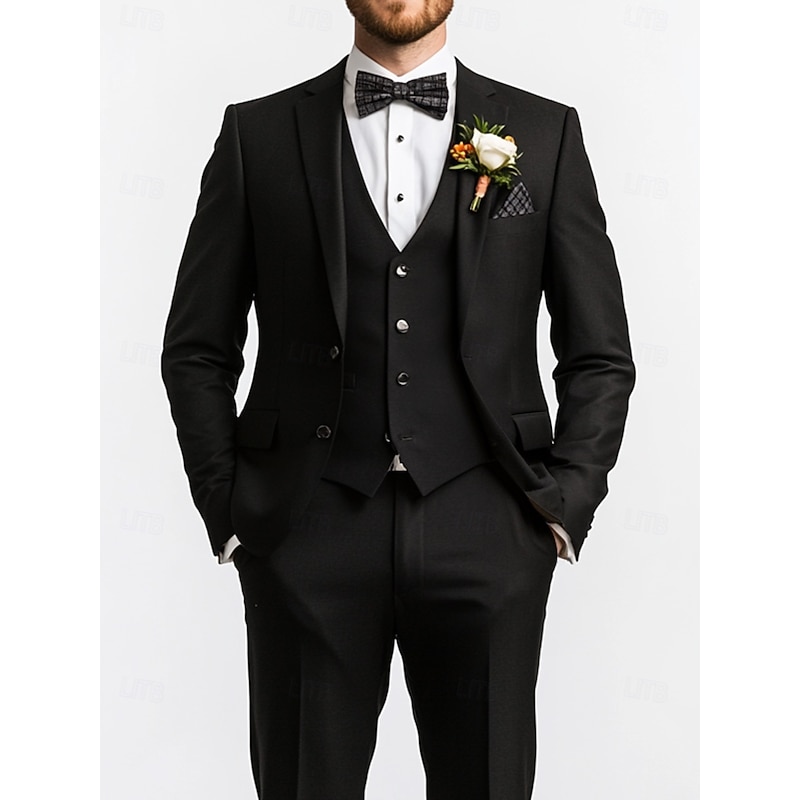 Men's Wedding Business Suits Notch Lapel Black Fashion Formal Solid Colored Standard Fit 3 Piece Single Breasted Two-buttons3