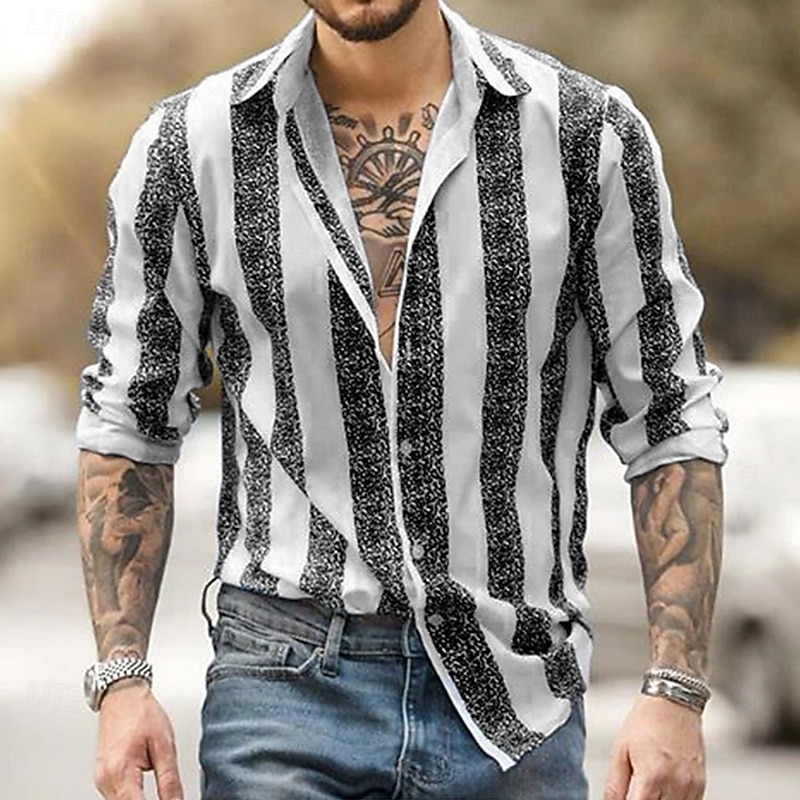 Men's Geometric Striped Shirt Button Up Shirt Casual Dress Shirt Long Sleeve Fashion Casual Formal Vacation Dailywear Summer Spring Turndown 3D Print Collared Shirts Black Pink Blue2
