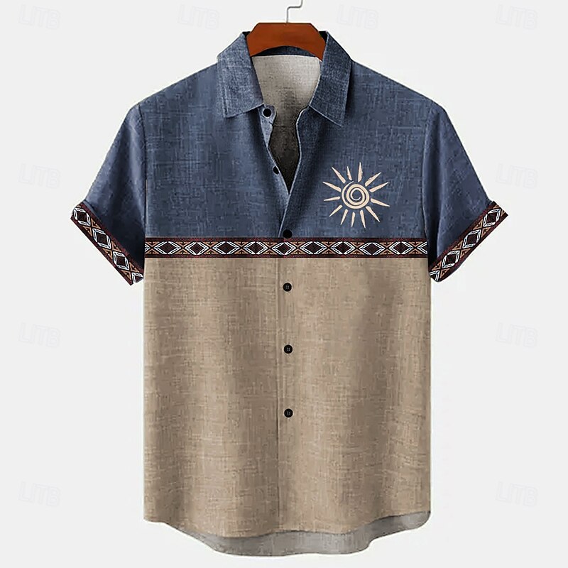 Men's Geometric Sunflower Linen Shirt Summer Hawaiian Shirt Button Up Shirt Short Sleeve Hawaiian Resort Vacation Holiday Beach Wear Summer Spring Turndown Collared Shirts Black Navy Blue Blue Green