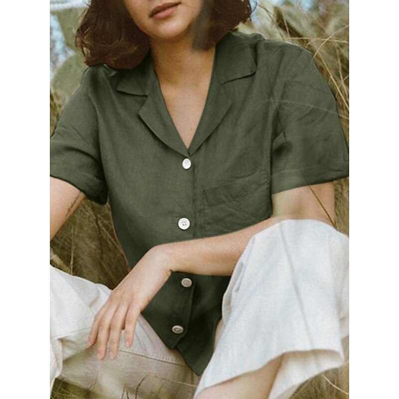Women's Cotton Linen Shirts Solid Color Daily Modern Short Sleeve Shirt Collar Regular Tops Daily Holiday Buttons Pocket White Pink Navy Blue Green Summer