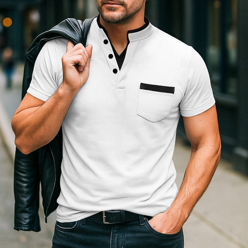 Men's Banded Collar Shirt Short Sleeve V Neck Notched Summer Spring Plain Fashion Basic Modern Buttons Fake two piece Street Casual Daily Black White Navy Blue Top Tee for Men