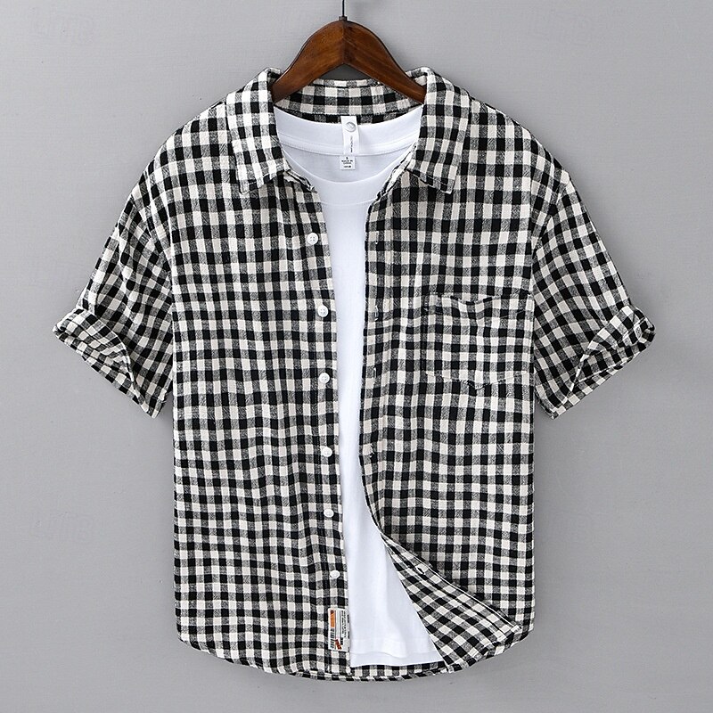 Men's Shirt Summer Shirt Casual Shirt Beach Shirt Button Up Shirt Black Gray Short Sleeve Plaid Lapel Vacation Hawaiian Pocket Clothing Apparel Fashion Casual Comfortable3