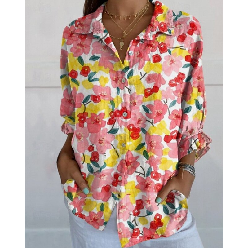 Women's Shirt Boho Shirt Blouse Flower Modern Boho Long Sleeve Shirt Collar Regular Tops Daily Holiday Print Light Green Pink Blue Orange Green Summer2