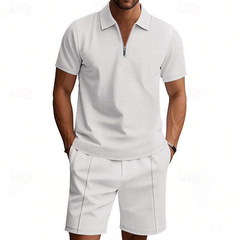Men's Waffle Polo Shirts Quarter Zip Polo Daily Holiday Lapel Short Sleeve Fashion Basic Plain 2 Piece Summer Regular Fit Black White Navy Blue Royal Blue Green Khaki Waffle Polo Shirts2