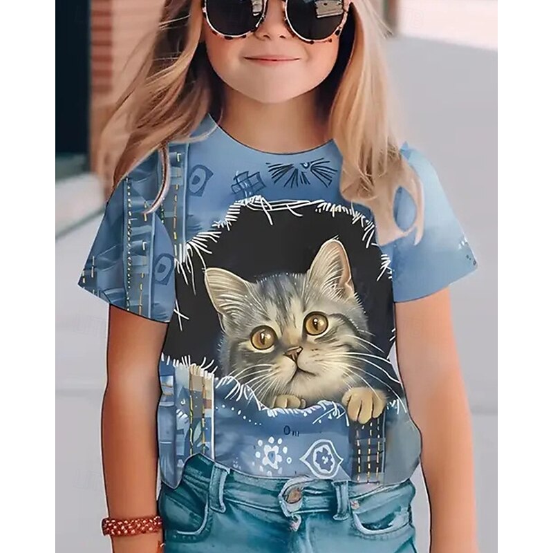 Girls' 3D Animal Cat T shirt Tee Short Sleeve Summer Spring Fashion Basic Kids 4-12 Years Crew Neck Outdoor Casual Daily Regular Fit2