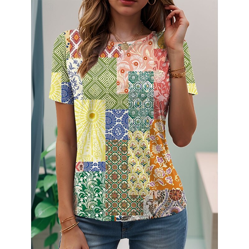 Women's T Shirt Floral Graphic Abstract Vintage Stylish Classic Short Sleeve Crew Neck Regular Tops Daily Weekend Print Yellow Pink Blue Summer Spring3