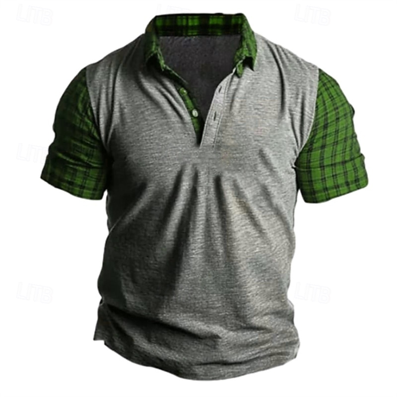 Men's T Shirt Henley Shirt Tee Short Sleeve Shirt Short Sleeve Henley Summer Plaid Fashion Designer Basic Patchwork Vacation Street Going out Red Blue Green Top Tee for Men