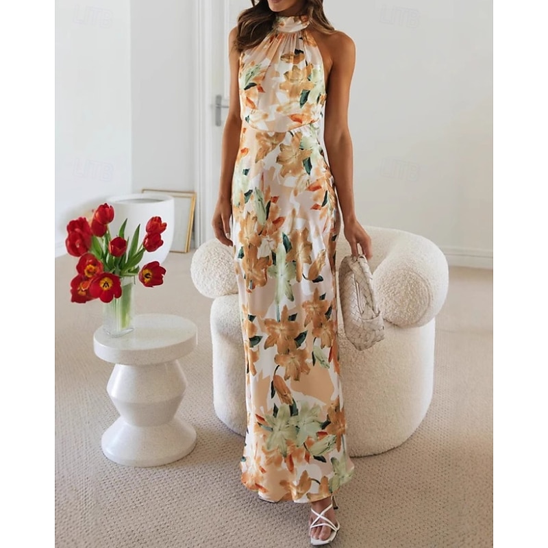 Women's Long Dress Maxi Dress Floral Dress Halter Neck Dress Fashion Modern Vacation Going out Weekend Regular Fit Flower Sleeveless Halter Neck Yellow Pink Green Summer