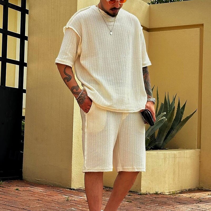 Men's T-shirt Suits 2 Pieces Outfits Tee & Shorts Short Sleeve Crew Neck Summer Plain Fashion Casual 2 Piece Vacation Daily Wear Going out Beige Top Tee for Men