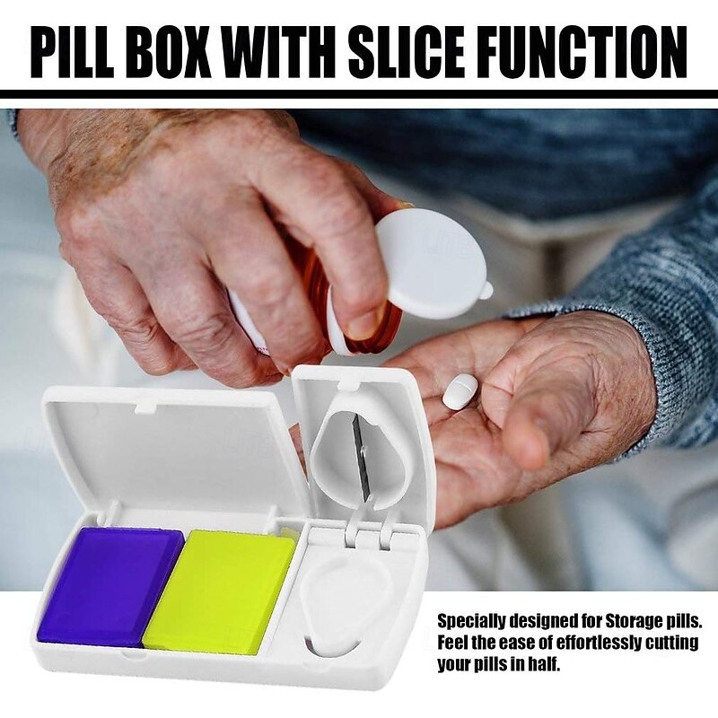 Tablet Cutter and Pill Organizer, 2 in 1 Medicine Splitter with Storage Box, ABS PP Plastic, Yellow and Purple, Portable Tablet Divider3