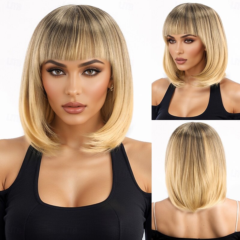 Synthetic Wig kinky Straight Natural Straight Asymmetrical Neat Bang Machine Made Wig 12 inch A1 Synthetic Hair Women's Classic Comfortable Color Gradient Blonde