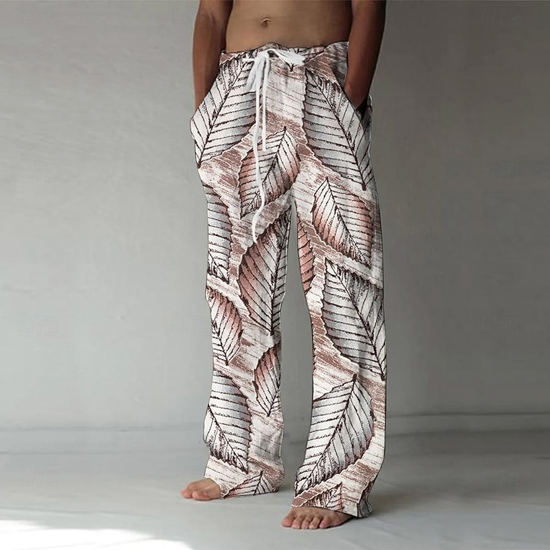 Men's Palm Leaf Tropical Plants Trousers Baggy Pants Casual Pants Mid Waist Hawaiian Casual Vacation Holiday Beach Wear Drawstring Elastic Waist Wide Leg Summer Spring 3D Print Blue Brown2