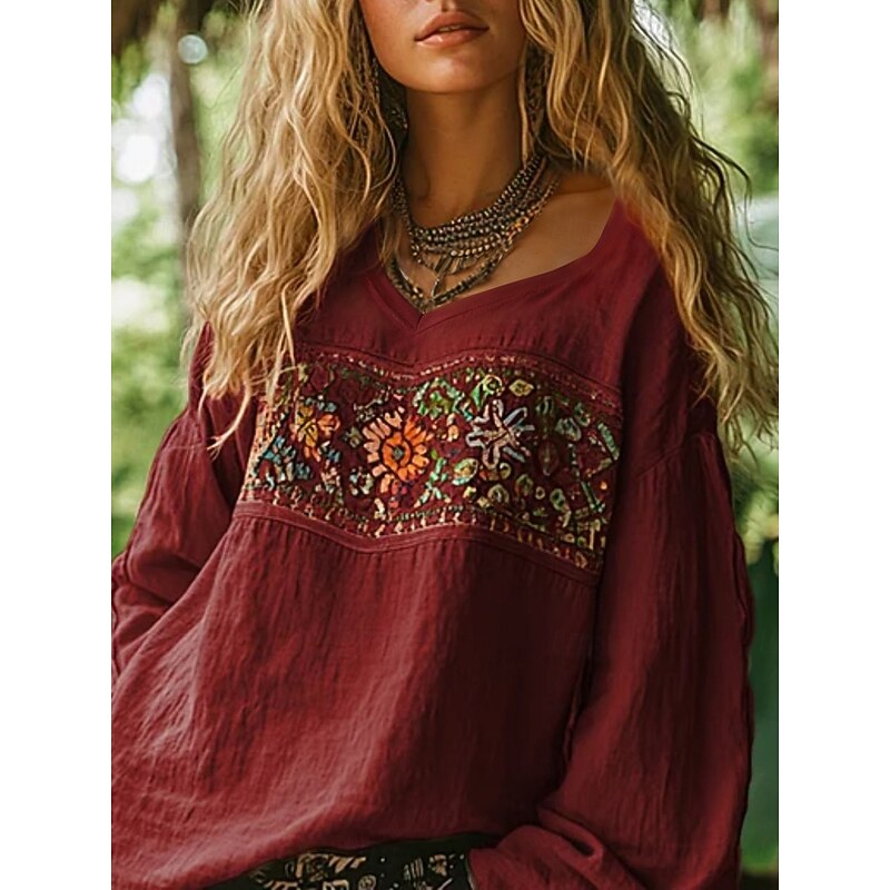 Women's Western Blouse Boho Shirt Blouse Flower Modern Casual Long Sleeve V Neck Regular Tops Daily Holiday Going out Print Black Fuchsia Orange Apricot Gray Summer Autumn4