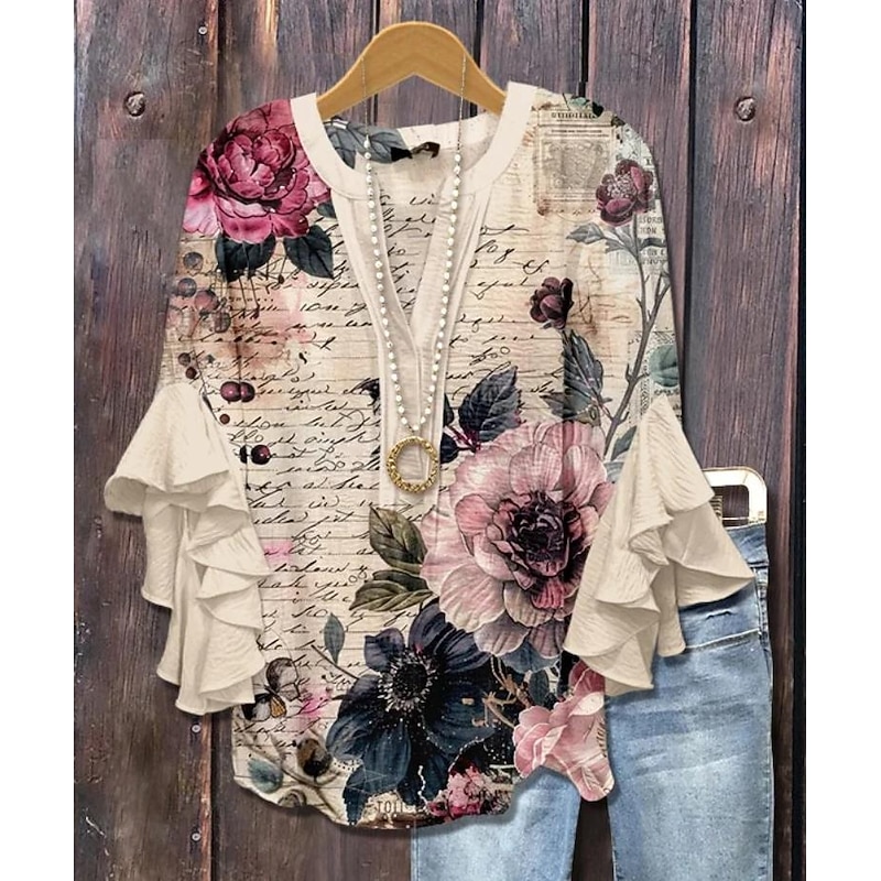 Women's Blouse V Neck Floral Graphic Paisley Bohemia Vintage Daily 3/4 Length Sleeve Flutter Sleeve Regular Tops Daily Holiday Vacation Wear Ruffle Print White Pink Green Beige Summer Spring Fall4