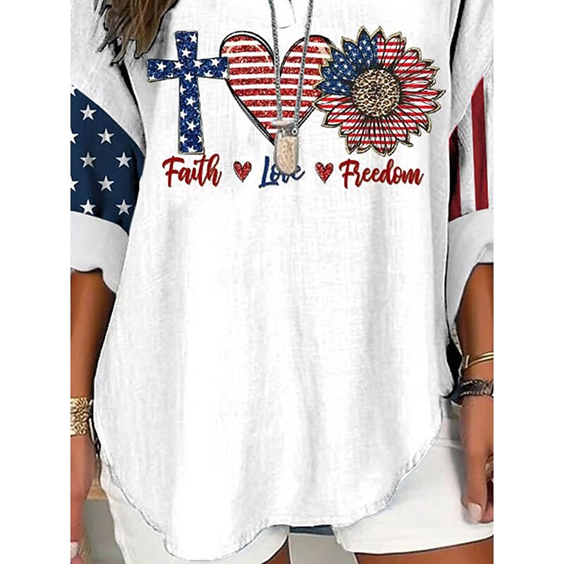 Women's Blouse Tunic V Neck Long Sleeve Boho Casual Patriotic Graphic Flag Vintage Stylish Regular Tops Daily White3