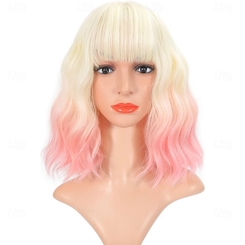 Ombre 2 Tone Color Curly Bob Wig With Air Bangs Natural Curly Wavy Short Bob Wigs Shoulder Length Wigs Synthetic Cosplay for Girl Colorful Wigs 12'' Blond to Pink 180.0 grams 1.0 count