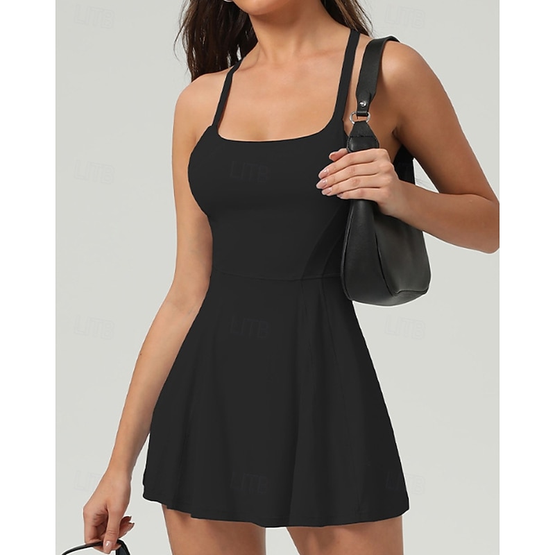 Women's Solid Colored Tennis Dress with Built in Shorts and Bra Sports Dress Sleeveless Backless Quick Dry Tennis Golf Pickleball Round Neck Black White Brown Tennis Clothing