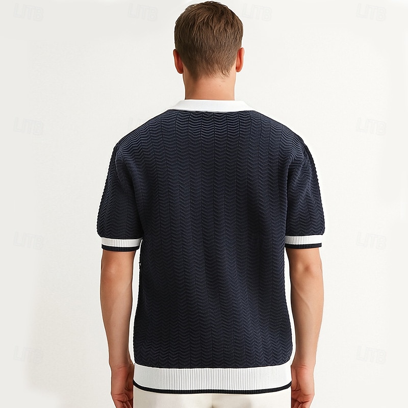 Men's Polo Knit Polo Sweater Business Casual V Neck Short Sleeve Formal Color Block Novelty Summer All Seasons Black White Khaki Army Green Polo4