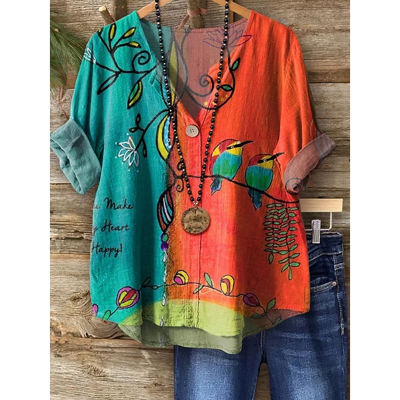 Women's Blouse Long Sleeve  V Neck Floral Graphic Vintage Tropical Hawaiian  Regular Tops Daily Holiday Beach Wear Print Blue Orange Green Summer Spring