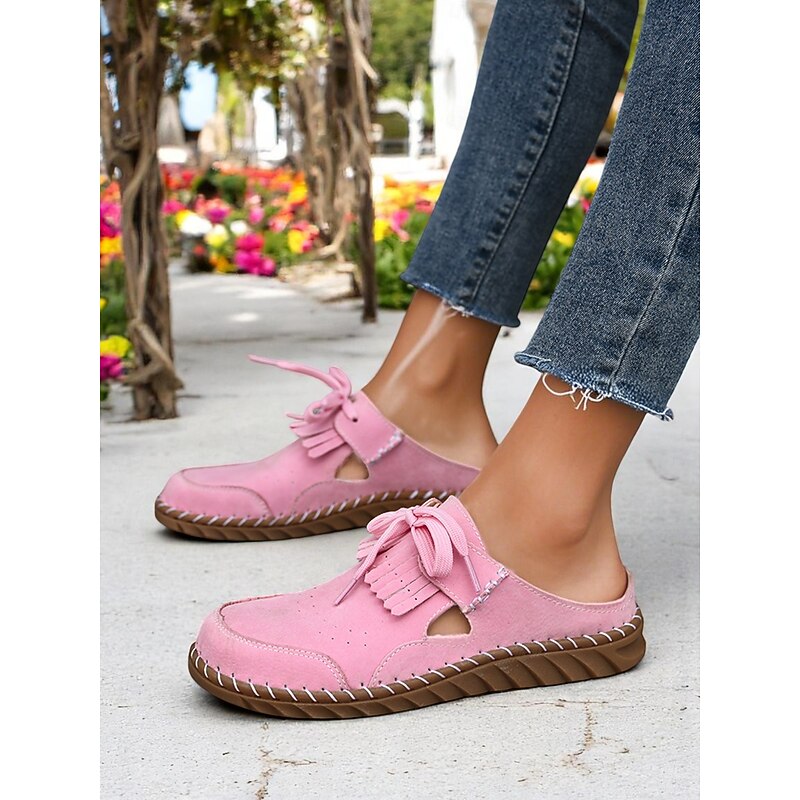 Women's Soft Sole Moccasin Mules– Pink Loafers with Fringed Detail, Lightweight Slip-On Design with Cutouts, Perfect for Garden Strolls and Casual Outings3
