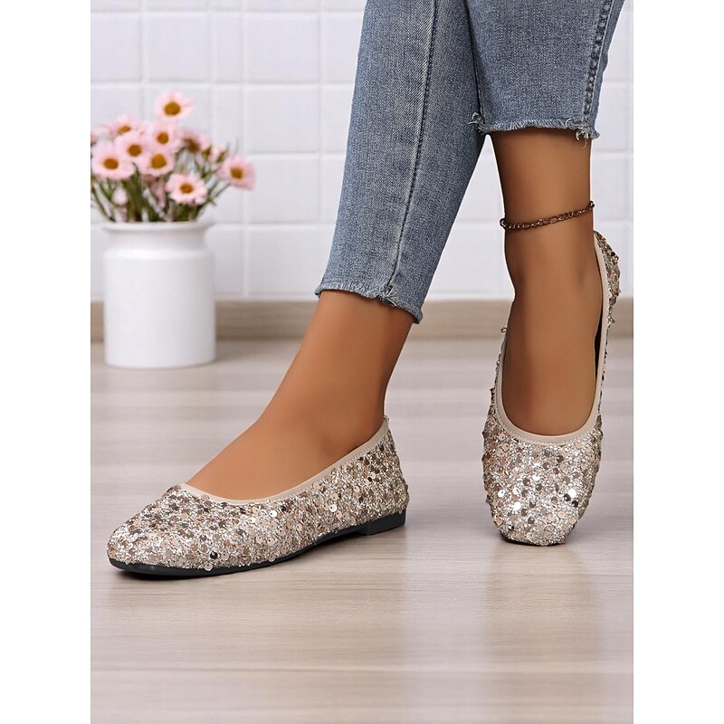 Women's Beige Sequin Ballet Flats - Comfortable and Chic Flats for Daily Dates and Casual Outings2
